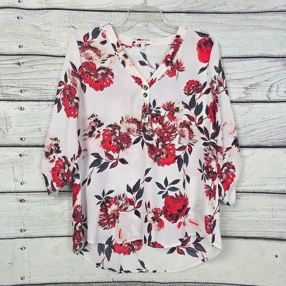 Maurices M White Red Floral Roll Tab Blouse - Picture 1 of 7